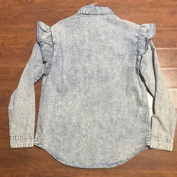 Acid Wash Denim Ruffle Button-Up Shirt - Picture 7 of 7